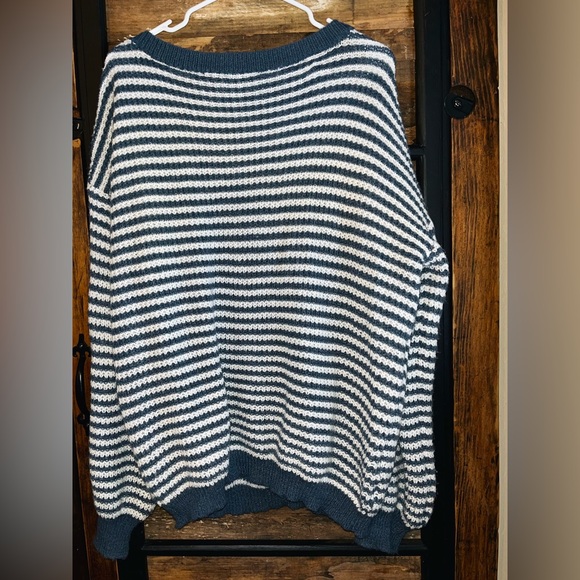 Oversized, Off the Shoulder Striped Navy and White Women's Sweater - Picture 3 of 4